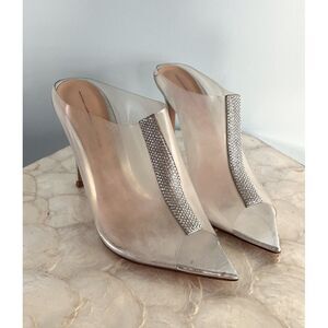 Gianvito Rossi $1095 Sigma Leather & Vinyl Crystal Slip On Clear Heels Silver 37